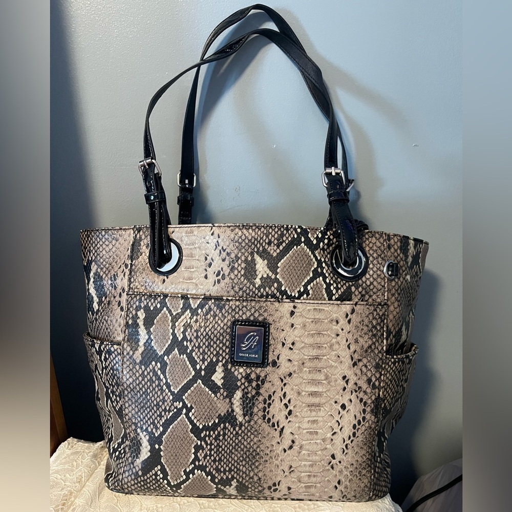 Grace Adele Taupe Snake-Print Tote with Black Handles